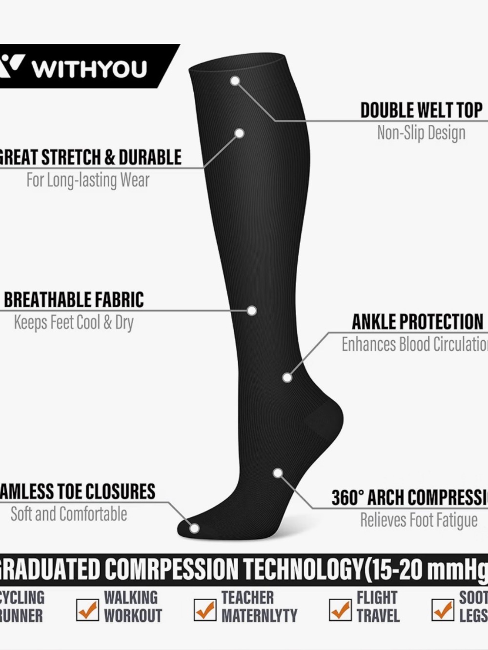 WithYou Unisex Black Compression Socks - Knee High